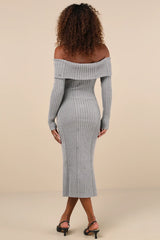 Dazzling Comfort Grey Rhinestone Off-the-Shoulder Sweater Dress