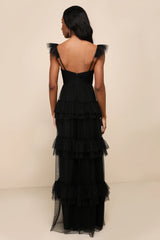 Pure Radiance Black Mesh Swiss Dot Tiered Maxi Dress