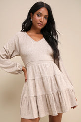 Adorable Option Heather Beige Long Sleeve Mini Sweater Dress