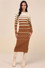 Seasonal Status Green and Cream Striped Midi Sweater Dress