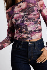 Instant Trend Purple Floral Mesh Ruched Long Sleeve Top
