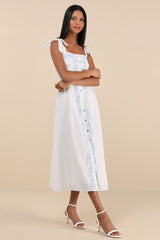Corinthia White Embroidered Button-Front Midi Dress
