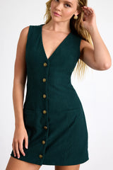 Kala Dark Green Corduroy Button-Front Mini Dress