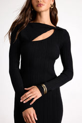 Mattea Grey Ribbed Cutout Long Sleeve Sweater Midi Dress