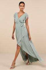 Ravishing Charm Emerald Ruffled Wrap High-Low Maxi Dress