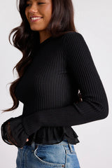Avila Black Ribbed Knit Ruffled Sweater Top
