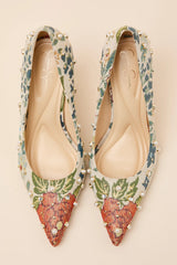 Wellica Cream Floral Jacquard Pearl Pointed-Toe Pumps