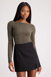 Gina Olive Green Shiny Velvet Long Sleeve Top