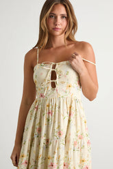 Nattie Pale Yellow Floral Tie-Front Tiered Midi Dress