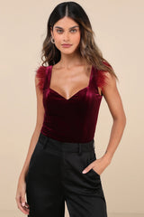Fabulous Vibe Plum Velvet Feather Sleeveless Bodysuit