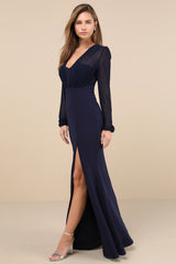 Omnia Navy Blue Long Sleeve Maxi Dress