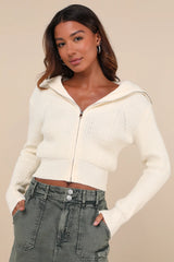 Cozy Inclination Ivory Cropped Zip-Front Collared Sweater