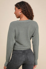 Fireside Flirt Dark Sage Green Ribbed Cropped Pullover Sweater