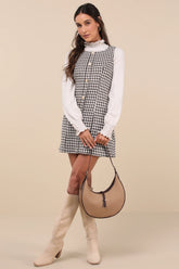 Coveted Poise Brown Houndstooth Button-Front Shift Mini Dress