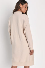 Cozy Stroll Beige Mock Neck Button Mini Sweater Dress