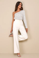 Dancing Diva Black and Silver Sequin One-Shoulder Bodysuit