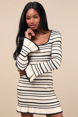Cozy Outlook Ivory Fuzzy Striped Long Sleeve Sweater Mini Dress