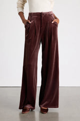 Chic Splendor Dark Mauve Velvet Pleated High-Rise Wide-Leg Pants