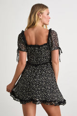 Adoring Moment Black Floral Lace Ruffled Puff Sleeve Mini Dress