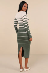 Seasonal Status Green and Cream Striped Midi Sweater Dress