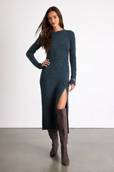 Rileynn Heathered Dark Teal Ribbed Sweater Midi Dress