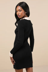 Adorable Silhouette Black and Beige Collared Mini Sweater Dress