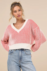 Attractively Cozy Red and White Striped V-Neck Pullover Sweater
