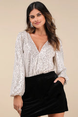 Evening of Wonder Grey Sequin Long Sleeve Bodysuit