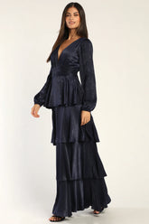 Tier For Love Navy Blue Satin Long Sleeve Tiered Maxi Dress