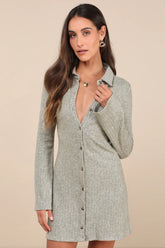 Cuddly Sweetness Heather Green Button-Front Sweater Mini Dress