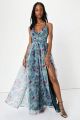 Romance That Wows Green Floral Print Organza Maxi Dress