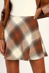 Plaid You Asked Ivory and Burgundy Plaid Skater Mini Skirt