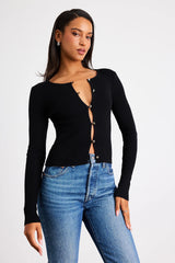 Scalia Black Ribbed Knit Button-Front Long Sleeve Top
