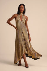 Verlice Metallic Gold Plisse Pleated Cutout Maxi Dress
