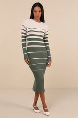 Seasonal Status Green and Cream Striped Midi Sweater Dress