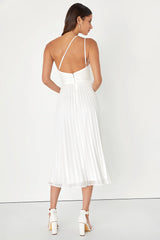 Wondrous Muse Navy Blue Pleated One-Shoulder Midi Dress