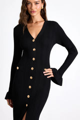 Dayena Red Ribbed Button-Front Sweater Midi Dress