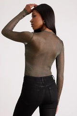 Kenni Dark Bronze Lurex Sheer Surplice Bodysuit