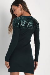 Snow Stopper Burgundy Ribbed Sequin Mini Sweater Dress