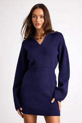 Rosella Navy Bodycon Collared Mini Sweater Dress