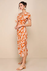 Energetic Charm Rust Orange Abstract Tie-Front Midi Dress