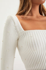 Fashionable Perfection Ivory Ribbed Pearl Sweater Top