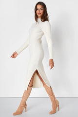 Irresistible Feelings Ivory Fuzzy Knit Midi Sweater Dress
