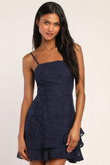 Days with You Navy Blue Floral Burnout Ruffled Mini Dress