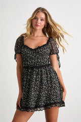 Adoring Moment Black Floral Lace Ruffled Puff Sleeve Mini Dress