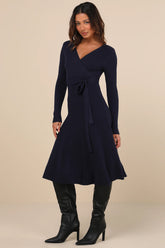 Warm Emotions Navy Blue Skater Midi Sweater Dress