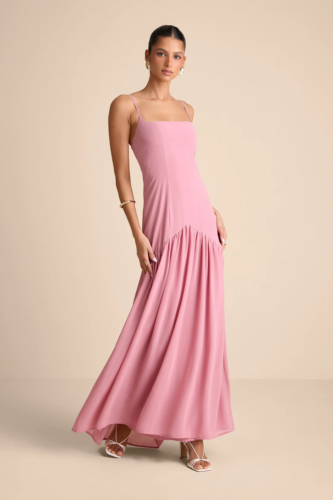 Auria Light Pink Chiffon Drop Waist Maxi Dress
