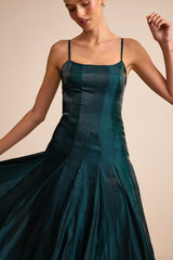 Zeline Dark Green Organza Pleated Drop Waist Maxi Dress