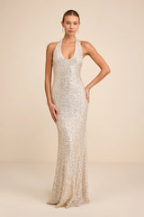 Velenia Champagne Sequin Halter Mermaid Maxi Dress