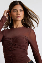 Instant Trend Purple Floral Mesh Ruched Long Sleeve Top